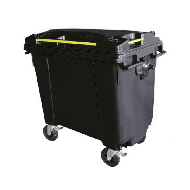Supplywise 660L plastic wheelie bin similar to the Castor And Ladder black 660l plastic wheelie bin with 4 wheels and hinged lid.