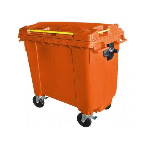 Supplywise 660L orange wheelie bin similar to the Trojan Trolley orange 660l plastic wheelie bin with 4 wheels and hinged lid.