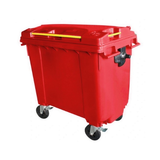 Supplywise 660L plastic wheelie bin similar to the Buco red 660l plastic wheelie bin with 4 wheels and hinged lid.