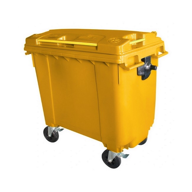 Supplywise 660L yellow wheelie bin similar to the Adendorff yellow 660l plastic wheelie bin with 4 wheels and hinged lid.