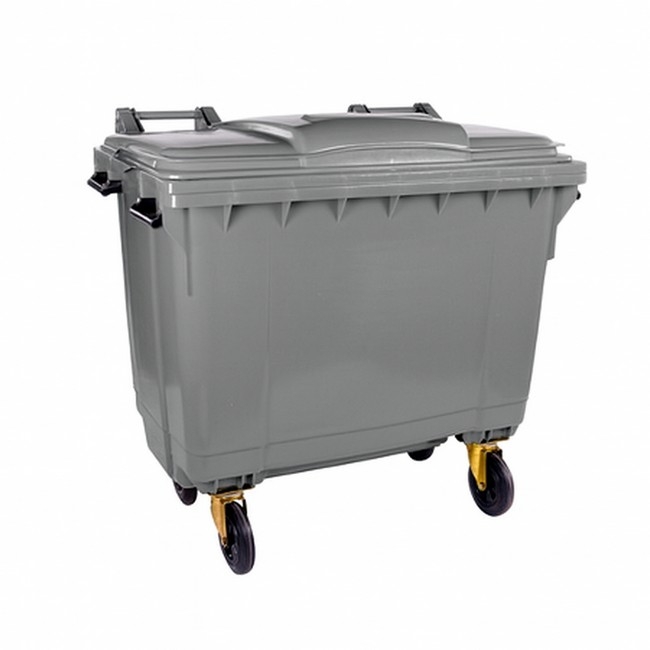 Supplywise 1100L plastic wheelie bin similar to the Makro grey 1100l plastic wheelie bin with 4 wheels and hinged lid.