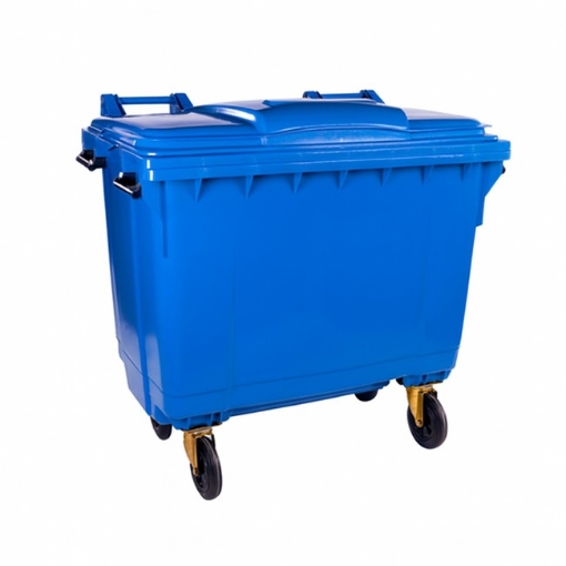 Supplywise 1100L plastic wheelie bin similar to the Builders Warehouse blue 1100l plastic wheelie bin with 4 wheels and hinged lid.