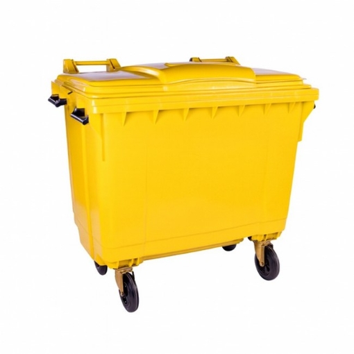 Supplywise 1100L yellow wheelie bin similar to the Leroy Merlin yellow 1100l plastic wheelie bin with 4 wheels and hinged lid.