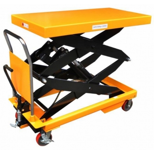 Supplywise Heavy Duty Manual Scissor Lift Table similar to the Chamberlains yellow steel manual scissor lift table with 1000kg capacity and 1.7m lift.