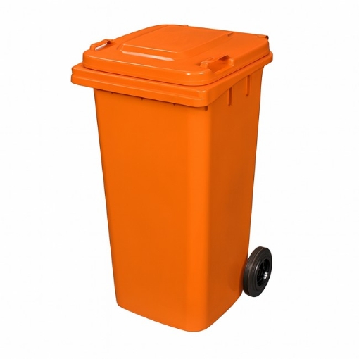 Supplywise 120L orange wheelie bin similar to the Caslad orange 120l wheelie bin with 2 wheels, made from uv resistant hdpe.