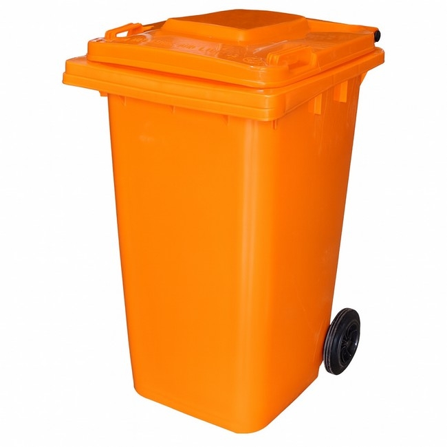 Supplywise 240L orange wheelie bin similar to the Chamberlains orange 240l wheelie bin with 2 wheels, made from durable plastic.