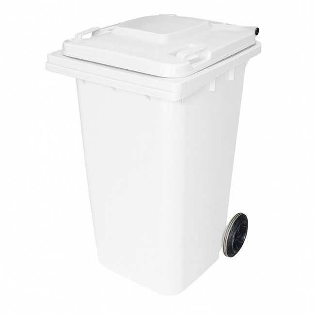 Supplywise 240L white wheelie bin similar to the Game 240l white plastic wheelie bin with 2 wheels and hinged lid.
