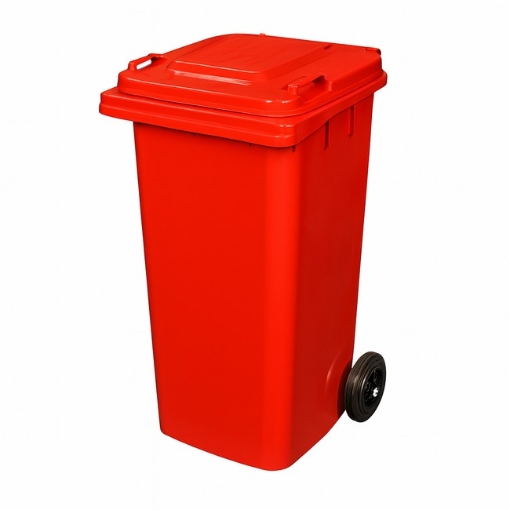 Supplywise 120L red wheelie bin similar to the Castor And Ladder red 120l plastic wheelie bin with two wheels and hinged lid.