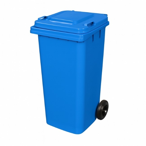 Supplywise 120L blue wheelie bin similar to the Makro blue 120l plastic wheelie bin with two wheels and hinged lid.
