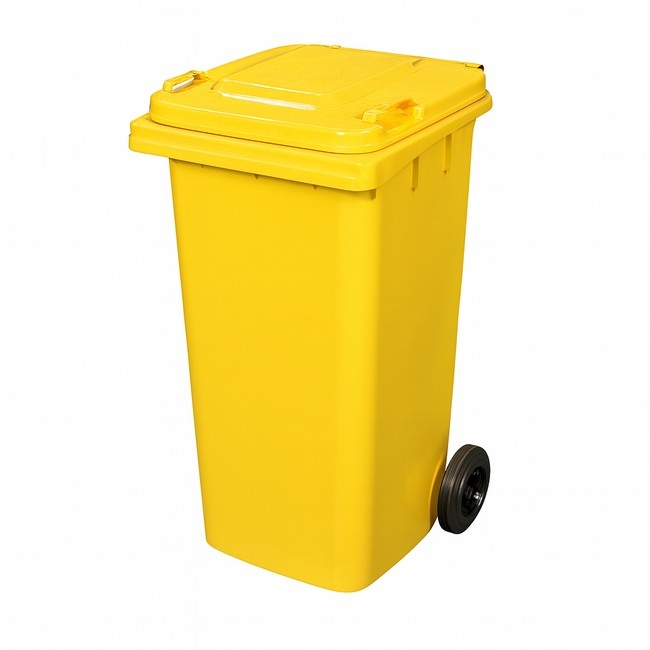 Supplywise 120L yellow wheelie bin similar to the Builders Warehouse yellow 120l plastic wheelie bin with 2 wheels and hinged lid.