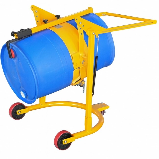 Supplywise Mobile Drum Handling Equipment similar to the Castor And Ladder yellow steel mobile drum carrier for 210l plastic drums, 364kg capacity.