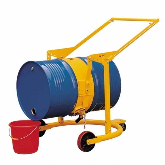 Supplywise Mobile Drum Handling Equipment similar to the Caslad yellow steel mobile drum carrier for 210l drums, 360kg capacity.