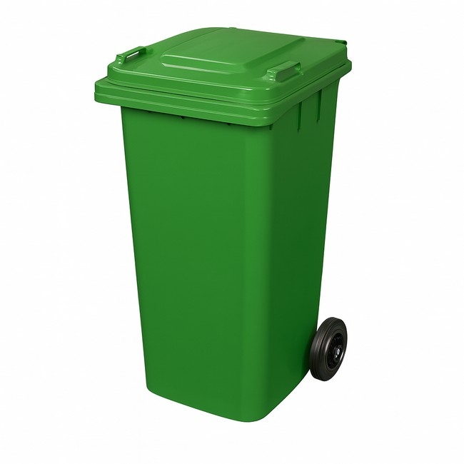 Supplywise 120L green wheelie bin similar to the Leroy Merlin 120l green plastic wheelie bin with 2 wheels and hinged lid.