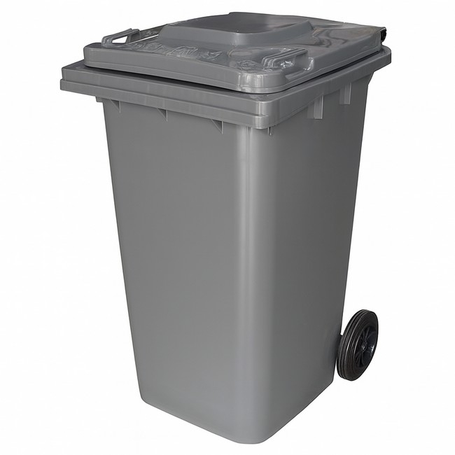 Supplywise 240L wheelie bin similar to the Sa Ladder grey 240l plastic wheelie bin with two wheels and hinged lid.