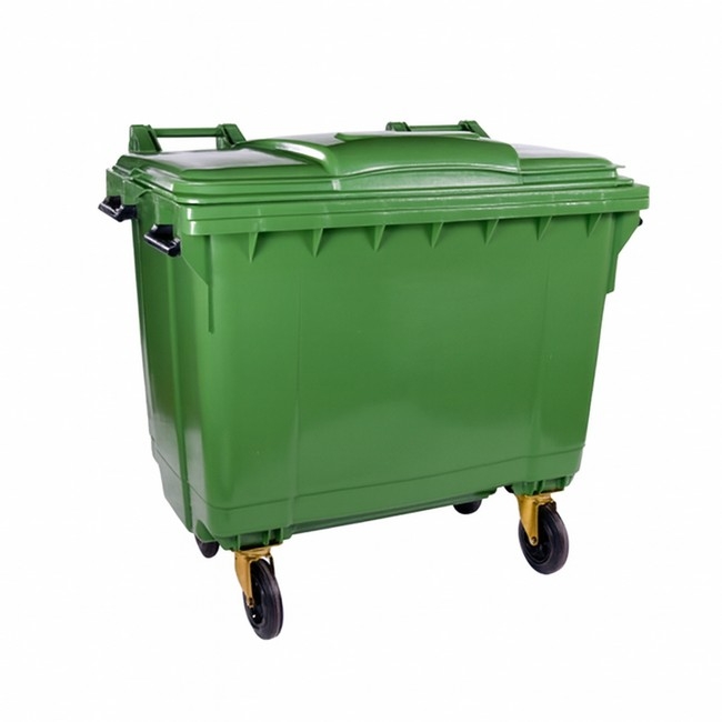 Supplywise 1100L plastic wheelie bin similar to the Linvar green 1100l plastic wheelie bin with 4 wheels and hinged lid.