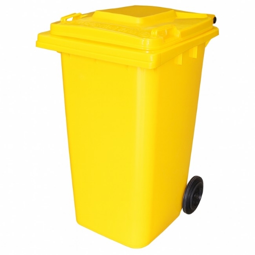 Supplywise 240L yellow wheelie bin similar to the Buco yellow 240l wheelie bin with 2 wheels, made from durable plastic.