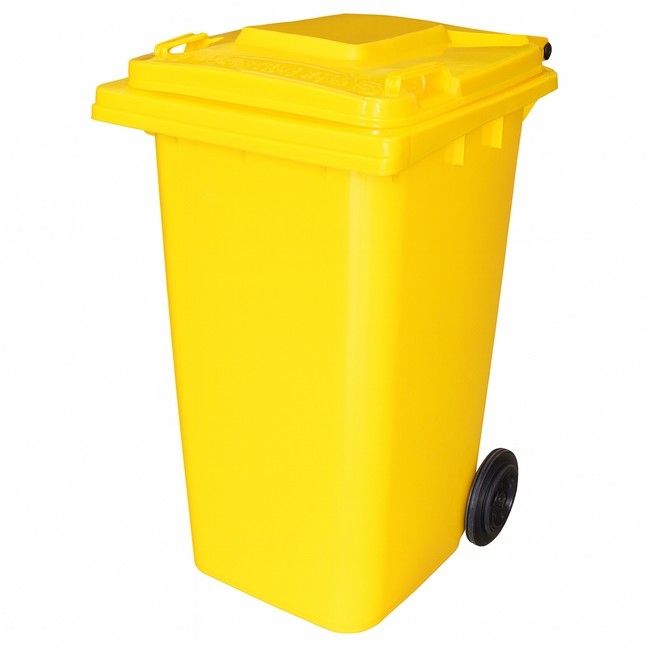 Supplywise 240L yellow wheelie bin similar to the Buco yellow 240l wheelie bin with 2 wheels, made from durable plastic.