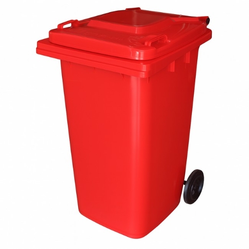 Supplywise 240L red wheelie bin similar to the Cashbuild red 240l plastic wheelie bin with two wheels and hinged lid.