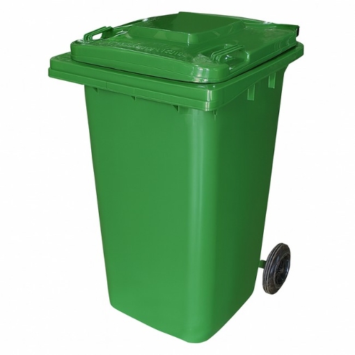 Supplywise 240L wheelie bin for industrial use similar to the Mica green 240l plastic wheelie bin with two wheels and hinged lid.