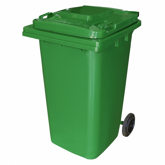 Supplywise 240L wheelie bin for industrial use similar to the Mica green 240l plastic wheelie bin with two wheels and hinged lid.