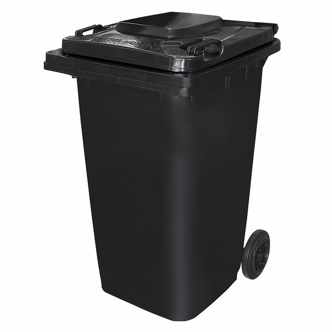 Supplywise 240L wheelie bin similar to the Adendorff black 240l plastic wheelie bin with two wheels and hinged lid.