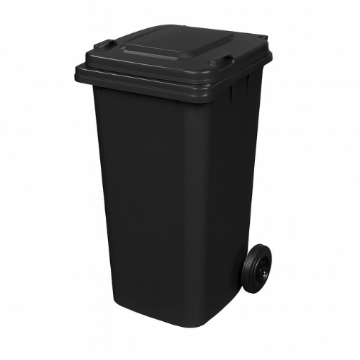 Supplywise 120L black wheelie bin similar to the Linvar black 120l plastic wheelie bin with two wheels and hinged lid.