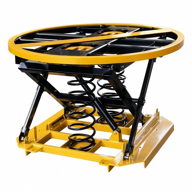 Supplywise Spring Pallet Leveller 2000kg similar to the Sa Ladder yellow steel spring pallet leveller table with 2000kg capacity, 700mm lift.