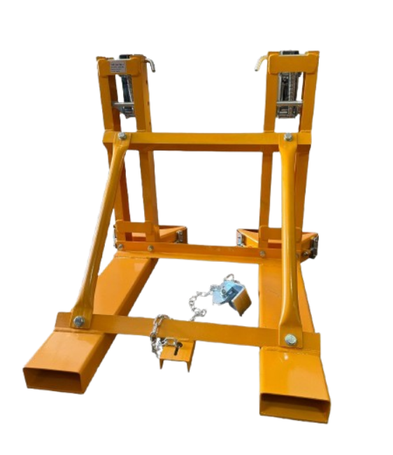 Supplywise Double Drum Handling Equipment similar to the Makro yellow steel double drum grab with 720kg load capacity for forklifts.