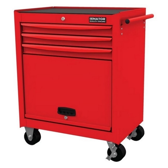 Supplywise 3-drawer steel roller cabinet for workshop similar to the Sa Ladder red 3-drawer steel roller cabinet on castors, 300kg capacity.