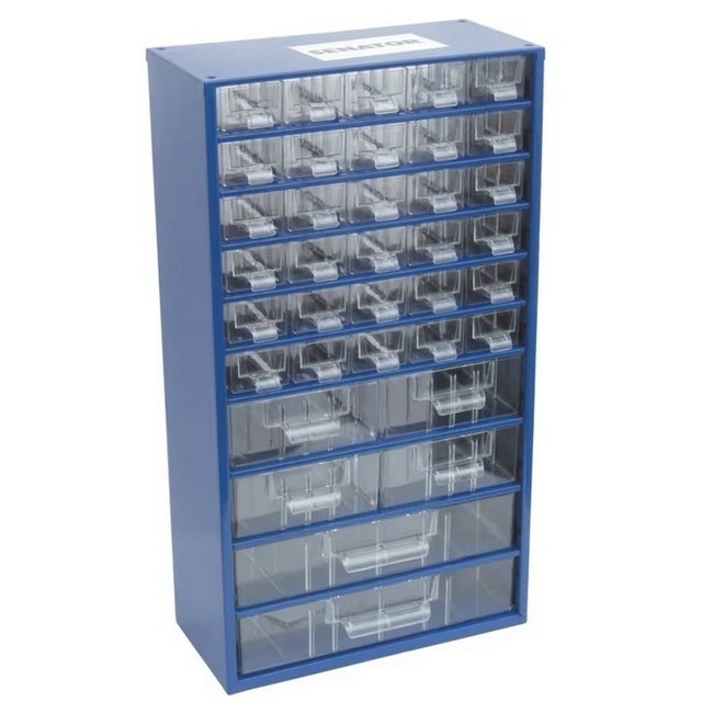 Supplywise heavy duty steel parts organiser with transparent drawers similar to the Castor And Ladder 36-drawer steel parts organiser with transparent plastic drawers.