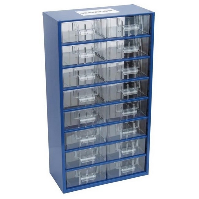 Supplywise 16-drawer small parts storage cabinet similar to the Builders Warehouse steel parts organiser with 16 transparent drawers.