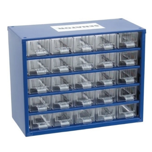 Supplywise 25-drawer parts organiser cabinet steel case similar to the Makro 25-drawer steel parts organiser with transparent drawers.
