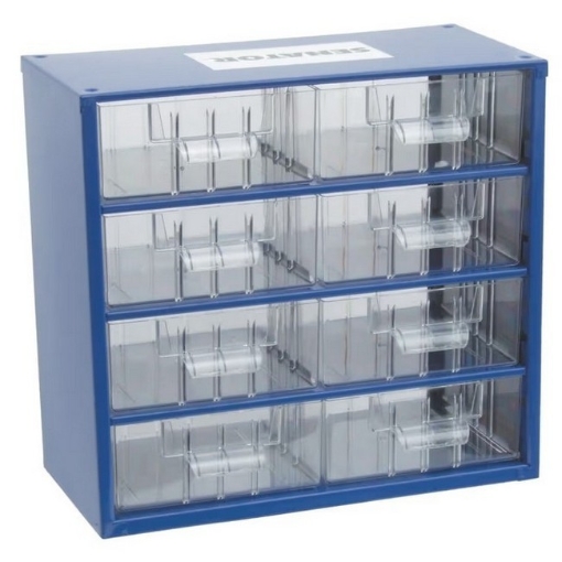 Supplywise 8-drawer parts organiser with transparent drawers similar to the Leroy Merlin 8-drawer steel parts organiser with transparent plastic drawers