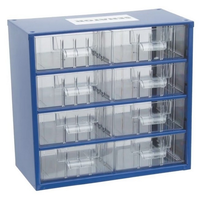 Supplywise 8-drawer parts organiser with transparent drawers similar to the Leroy Merlin 8-drawer steel parts organiser with transparent plastic drawers