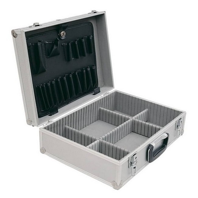 Supplywise heavy-duty aluminium tool case for mobile engineers similar to the Castor And Ladder silver aluminium tool case with 17 pockets and reinforced edges.