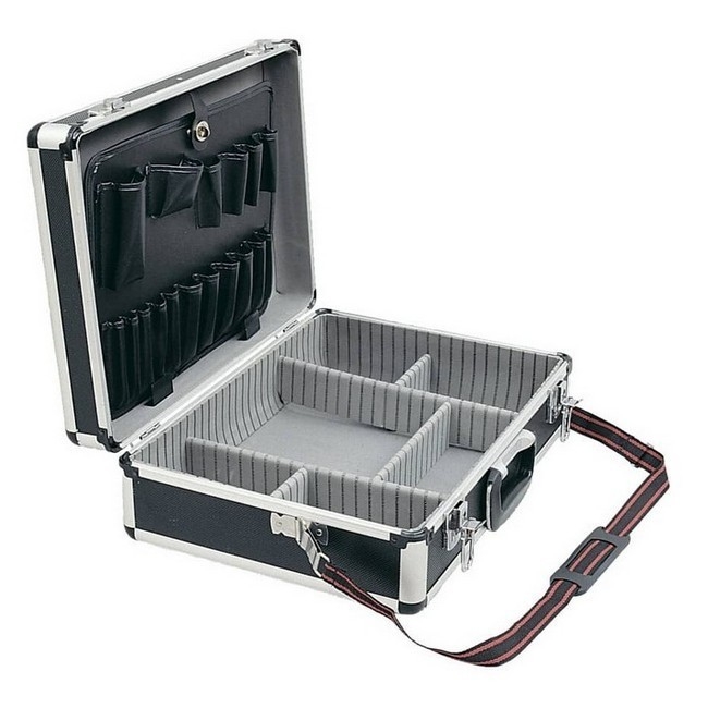 Supplywise lockable aluminium tool case for engineers similar to the Caslad lockable black aluminium tool case with 17-pocket lid and strap