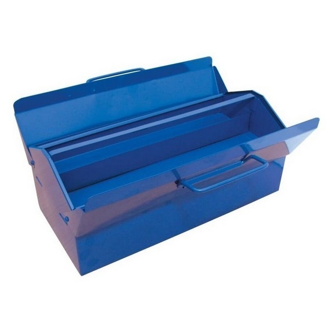 Supplywise steel toolbox with removable tray similar to the Cashbuild blue steel toolbox with three compartments and removable tray.