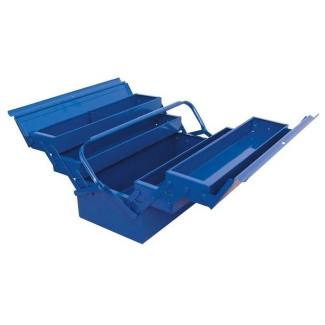 Supplywise buy steel cantilever toolbox 5 compartments similar to the Makro blue steel cantilever toolbox with five trays and self-closing handle.