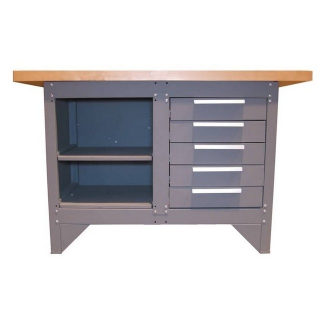 Supplywise heavy-duty 5-drawer steel workbench with wooden top similar to the Sa Ladder grey steel workbench with wooden top, 5 drawers and 2 shelves.