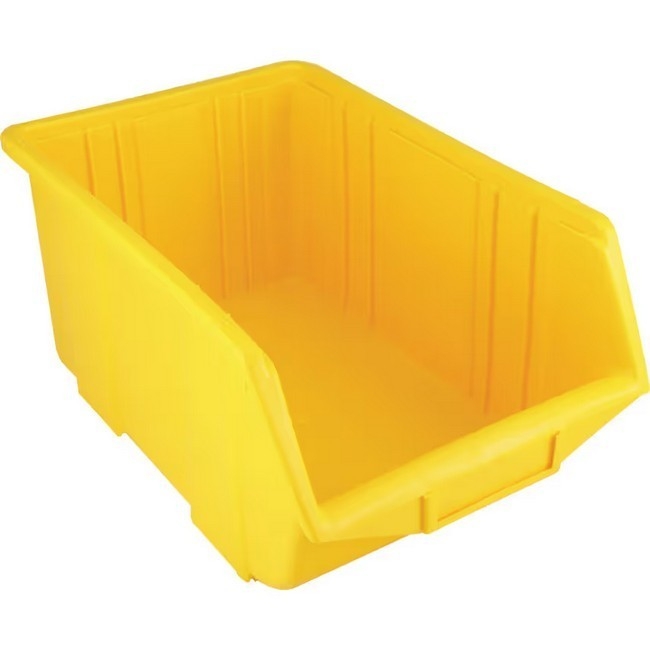 Supplywise stackable hanging storage bins for small parts similar to the Buco yellow stackable plastic bin with moulded label holder.