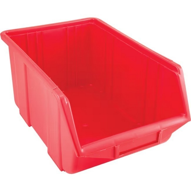 Supplywise stackable hanging plastic storage bins for small parts similar to the Mica red stackable plastic storage bin with moulded label holder.