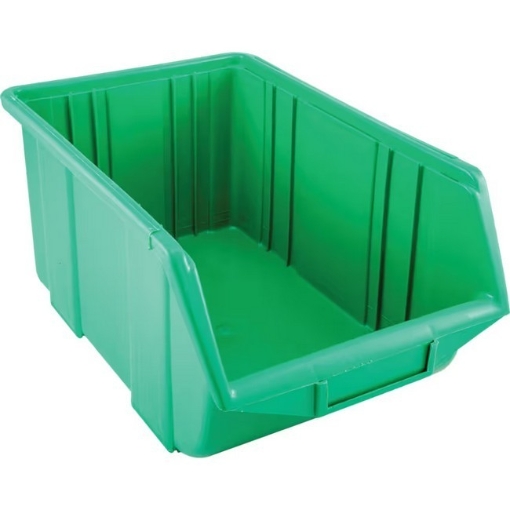 Supplywise stackable hanging plastic storage bin for small parts similar to the Trojan Trolley green stackable hanging plastic bin with moulded label holder.