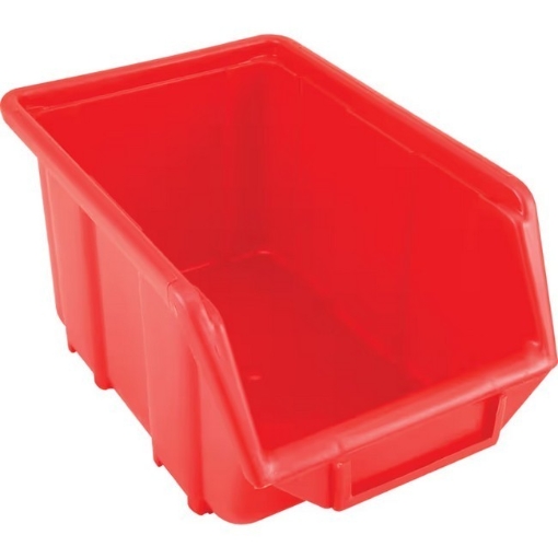 Supplywise stackable small parts storage bin similar to the Makro red stackable plastic storage bin with label holder.