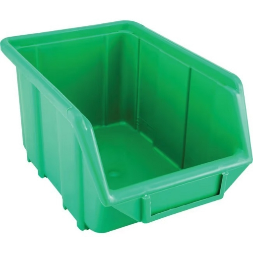 Supplywise stackable hanging small parts storage bins similar to the Caslad green stackable hanging polypropylene parts bin with label holder.