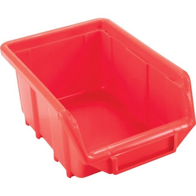 Supplywise stackable parts storage bins with moulded label holder similar to the Game red stackable small parts bin with moulded label holder