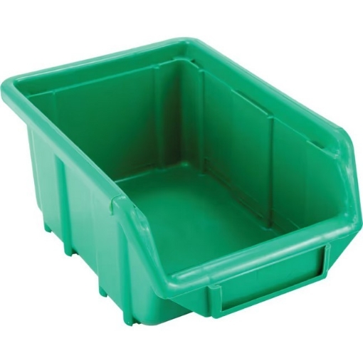 Supplywise stackable hanging plastic small parts storage bin similar to the Leroy Merlin green stackable hanging plastic small-parts bin with label holder.