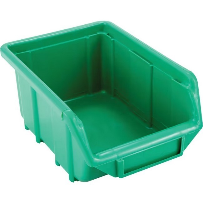 Supplywise stackable hanging plastic small parts storage bin similar to the Leroy Merlin green stackable hanging plastic small-parts bin with label holder.