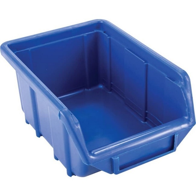 Supplywise stackable small parts storage bin with label holder similar to the Sa Ladder blue stackable hangable polypropylene parts bin with label holder.