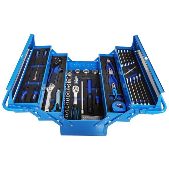 Supplywise 76-piece professional tool kit with cantilever toolbox similar to the Castor And Ladder blue 76-piece steel cantilever tool set in portable toolbox.