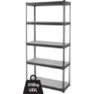 Supply-Wise heavy duty steel shelving 318kg capacity similar to the Buco grey 5-shelf steel storage rack, 318kg per shelf capacity.